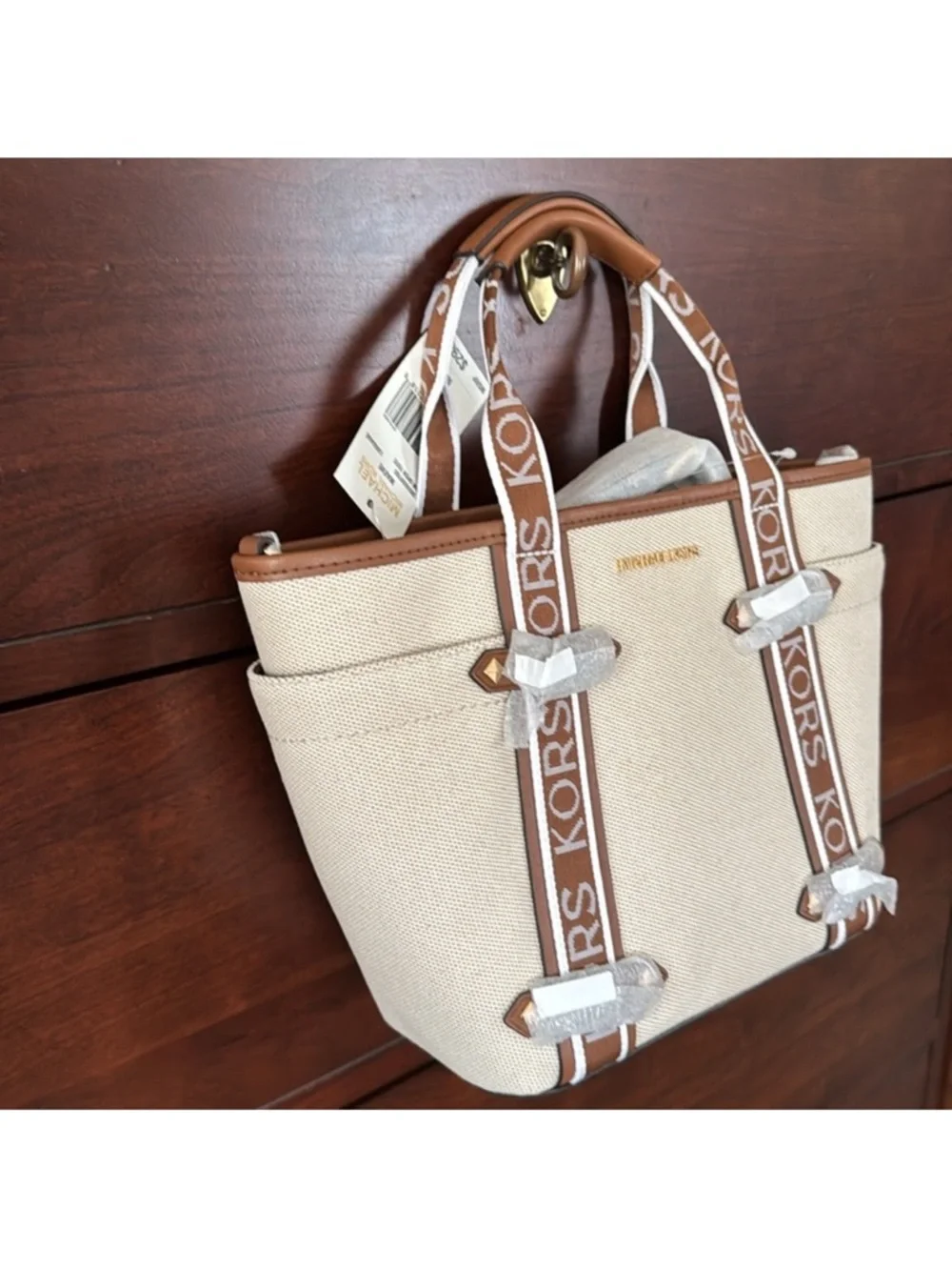 MICHAEL KORS Maeve Small Canvas Open Tote Luggage Leather NWT $298
